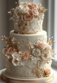 A tiered wedding cake decorated with roses on a light background. Selective focus.