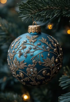 Christmas tree ball hanging on a branch of a Christmas tree. Selective focus.