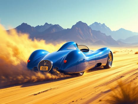 Classic blue sports car driving fast on a sandy desert road, leaving a trail of dust behind, with mountains in the background. Ai generated