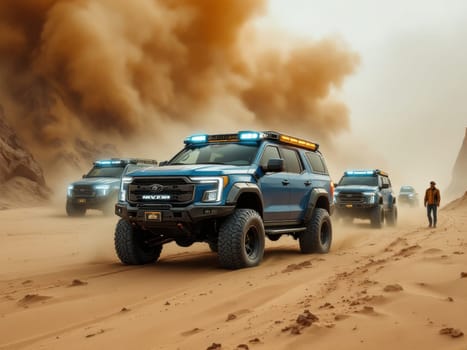 Blue Ford F-150 Raptors driving through the desert, racing against an approaching sandstorm, embodying adventure and off-road excitement. Ai generated