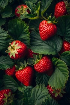 Strawberries, a red superfood, grow on a bush with green leaves. They are a staple food and natural produce, making them a popular seedless fruit choice