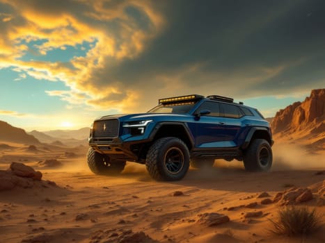 Luxurious SUV tackling challenging desert terrain, embodying adventure and resilience under a vibrant sunset sky. Ai generated