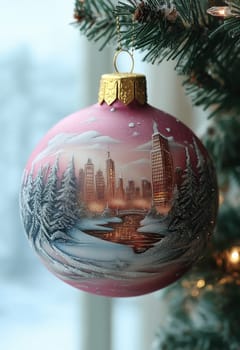 Christmas pink ball with cityscape on fir tree. Selective focus.