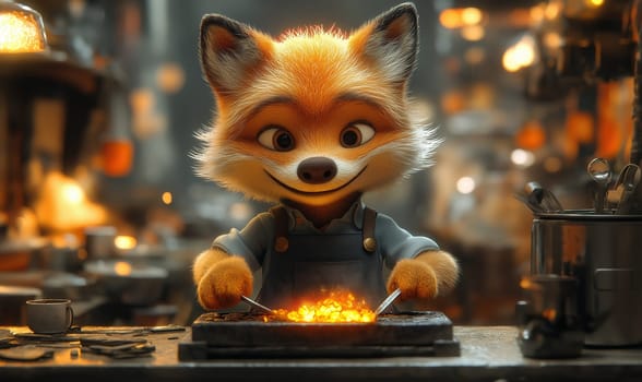 Illustration of a fox working in an apron in a workshop. Selective focus.