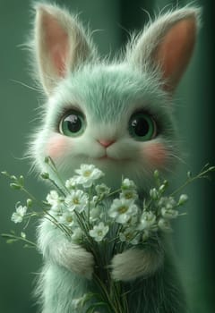 Illustration of a rabbit holding a bouquet of white flowers. Selective focus.