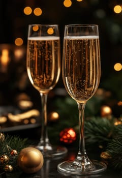 Champagne glasses on a celebratory table. Selective focus.