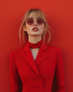 A young woman in glasses and a red jacket on a red background. Selective focus.