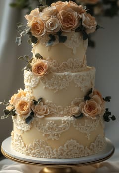 A tiered wedding cake decorated with roses on a light background. Selective focus.