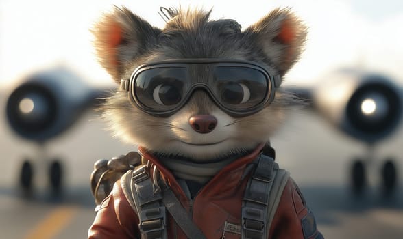 Cartoon animal pilot on runway. Selective focus.