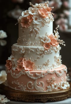 A tiered wedding cake decorated with roses on a blurred background. Selective focus.