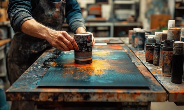 An artist creates an abstract painting on canvas. Selective focus.