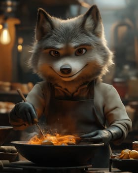 Illustration of a wolf working in an apron in a workshop. Selective focus.