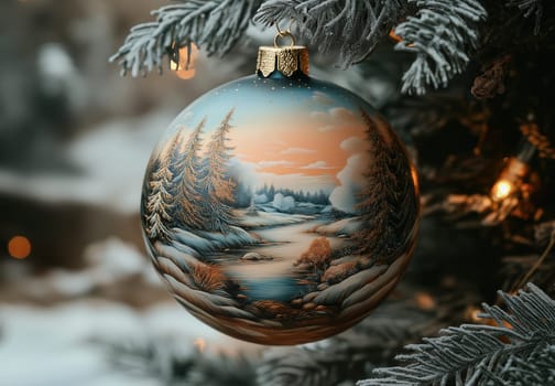 Multicolored Christmas ball with a snow landscape on a Christmas tree. Selective focus.