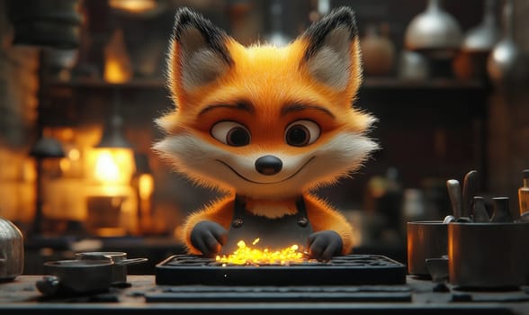 Illustration of a fox working in an apron in a workshop. Selective focus.