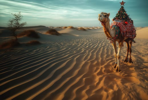 A camel in the desert delivering a Christmas tree. Selective focus.