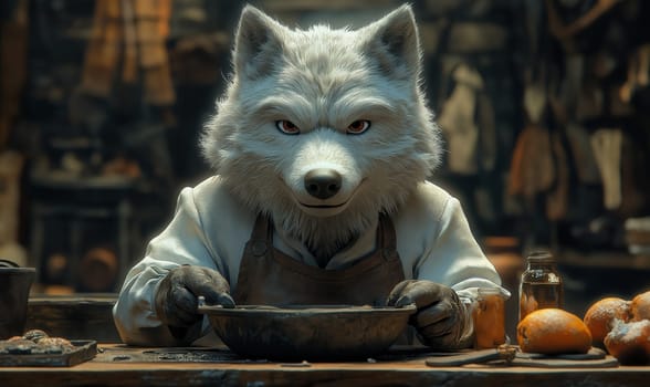 Illustration of a wolf working in an apron in a workshop. Selective focus.