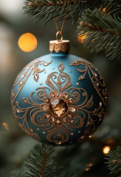 Christmas tree ball hanging on a branch of a Christmas tree. Selective focus.