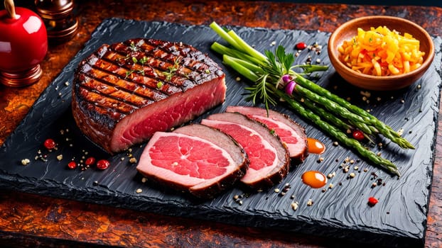 Grilled meat served on slate board, garnished with fresh herbs. Accompanied by bright asparagus and colorful salad. Perfect for culinary presentations or gourmet food promotions
