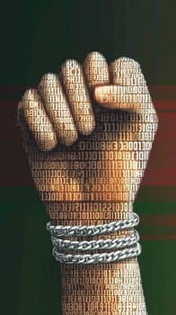 Powerful fist, adorned with intricate patterns, is breaking free from heavy chains, symbolizing the struggle for freedom and equality