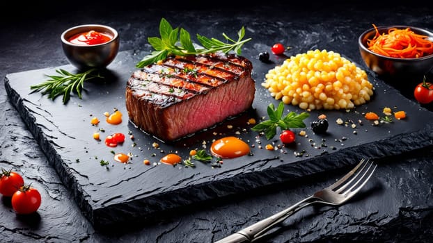 Juicy steak sliced beautifully, showcasing tender pink center. Paired with vibrant vegetables and flavorful sauces. Ideal for food blogs, restaurant menus, or cooking classes