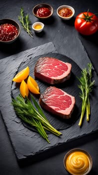 Elegant display of grilled beef on textured slate. Surrounded by fresh greens and bright side dish. Captivating visual for food photography, culinary art, or gourmet recipes