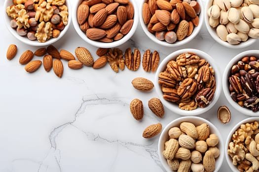 A variety of nuts displayed in bowls on a table, showcasing natures superfood ingredients for delicious and nutritious cuisine