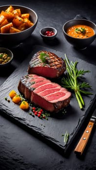 Premium grilled meat slices arranged artfully on slate board, garnished with fresh herbs. Perfect for culinary presentations, gourmet menus, or food blogs showcasing exquisite dining experiences