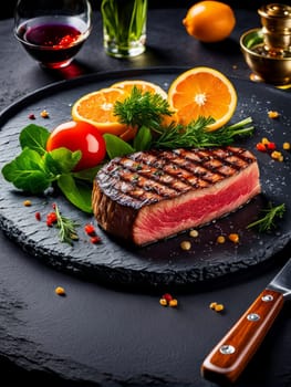 Grilled steak served on slate plate, garnished with fresh herbs, cherry tomatoes, and vibrant orange slices. Rich colors and textures create appetizing presentation, perfect for culinary promotions