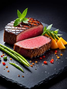 Deliciously grilled beef with rich color contrasts on a slate serving board, enhanced by fresh vegetables and herbs, creating an appealing visual for restaurant advertisements or recipe books