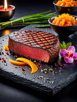 Deliciously grilled beef with rich color contrasts on a slate serving board, enhanced by fresh vegetables and herbs, creating an appealing visual for restaurant advertisements or recipe books