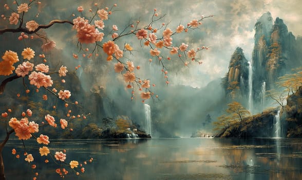 A natural landscape with a lake against the backdrop of mountains. Selective focus.