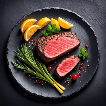 Delicious juicy steak presented on dark slate, surrounded by fresh greens, bright tomatoes, and citrus slices. Captivating food styling ideal for gourmet menus or restaurant marketing