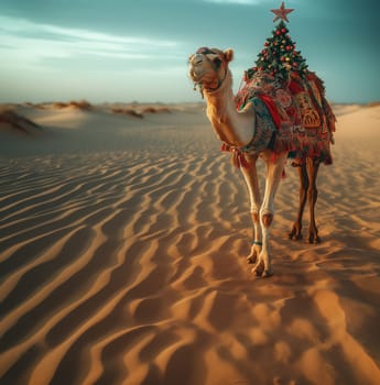 A camel in the desert delivering a Christmas tree. Selective focus.