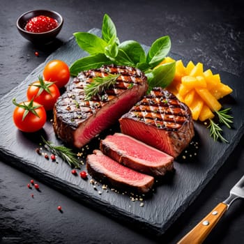 Richly flavored grilled meat highlighted on stylish slate platter. Enhanced with colorful vegetables and delicate garnishes. Suitable for food styling, cookbooks, or restaurant branding