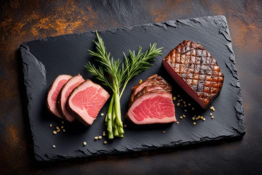 Juicy grilled beef slices on textured slate surface, complemented by fresh herbs. Perfect for food enthusiasts, chefs, or culinary artists looking to capture mouthwatering moments in their work