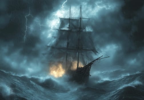 A sailing ship braves the waves on a stormy sea. Selective focus.