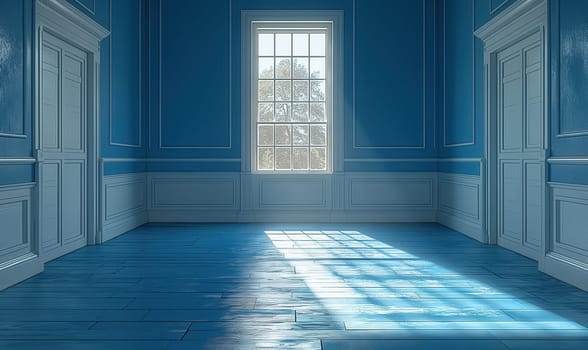 An empty blue room with two doors and a window. Selective focus.