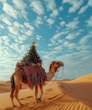 A camel in the desert delivering a Christmas tree. Selective focus.