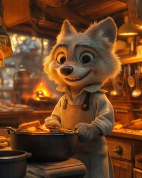 Illustration of a wolf working in an apron in a workshop. Selective focus.
