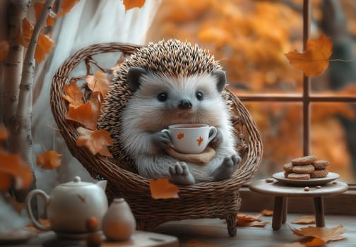Autumn illustration, hedgehog in a wicker chair drinking tea. Selective focus.