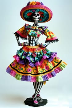 Festive skeleton in vibrant Mexican attire for Day of the Dead celebration