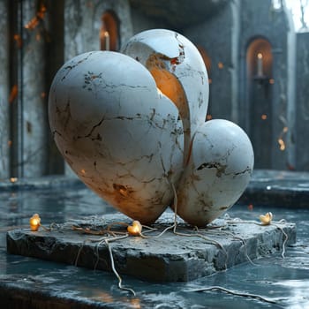 A captivating and glowing heartshaped sculpture is situated within a beautifully atmospheric, mystical setting