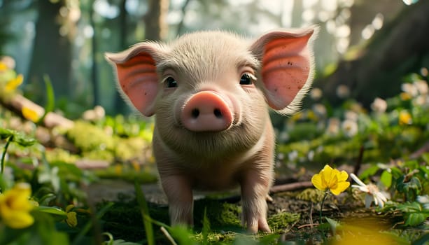 A pig is standing in the grass, observing the camera with its snout. The terrestrial animal blends in with the natural landscape, surrounded by terrestrial plants and groundcover