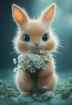 Illustration of a rabbit holding a bouquet of white flowers. Selective focus.