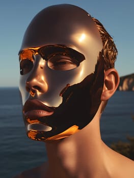 A man adorned with a gold mask is seen with bright eyes under the sky, showcasing a blend of art and vision care in a jawdropping sculpture. Flash photography captures his happy expression