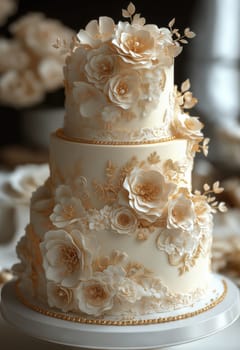 A tiered wedding cake decorated with roses on a blurred background. Selective focus.