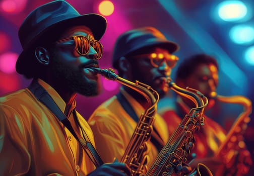 Musicians playing saxophones in stylish attire. Selective focus.
