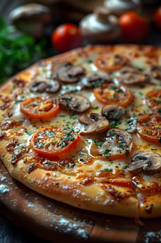 A delicious pizza made with mushrooms, tomatoes, and cheese, served on a wooden cutting board. This dish is a staple in fast food cuisine, perfect for any pizza lover