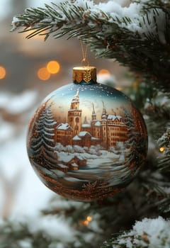Christmas ball with cityscape on Christmas tree. Selective focus.