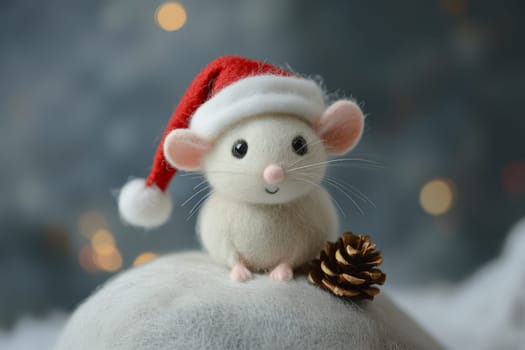 White felt mouse in a Santa Claus hat